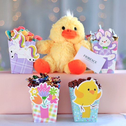 Easter assorted snacks with cute stuffed duck