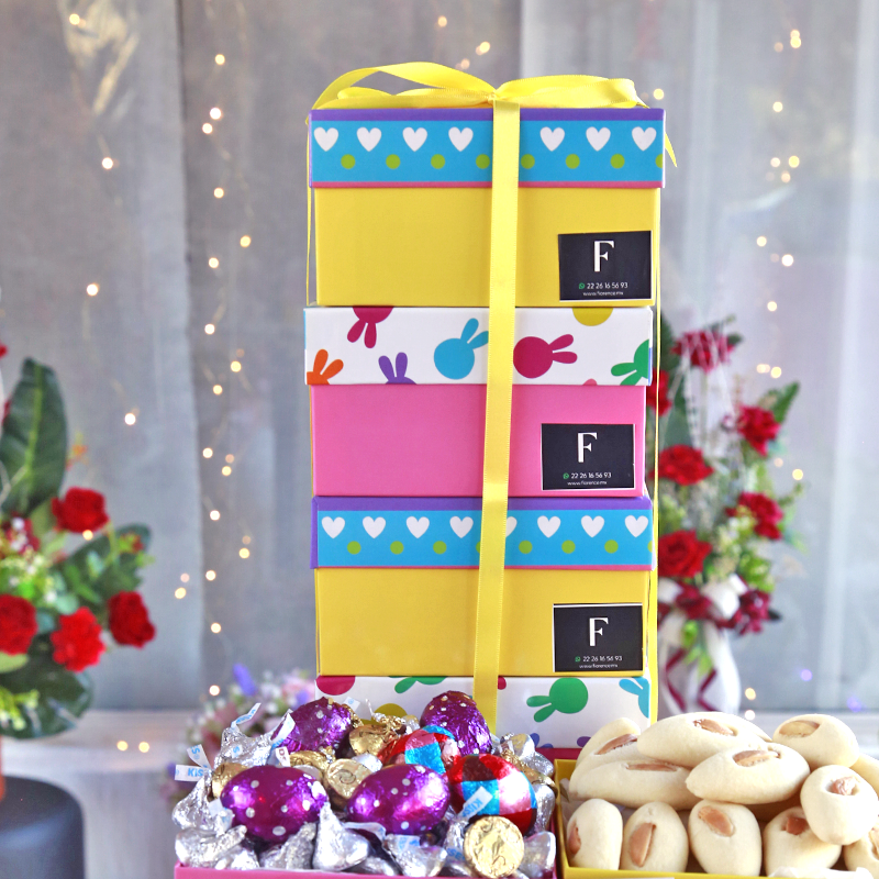 Torre de regalo "Feliz Pascua" con Chocolates y más